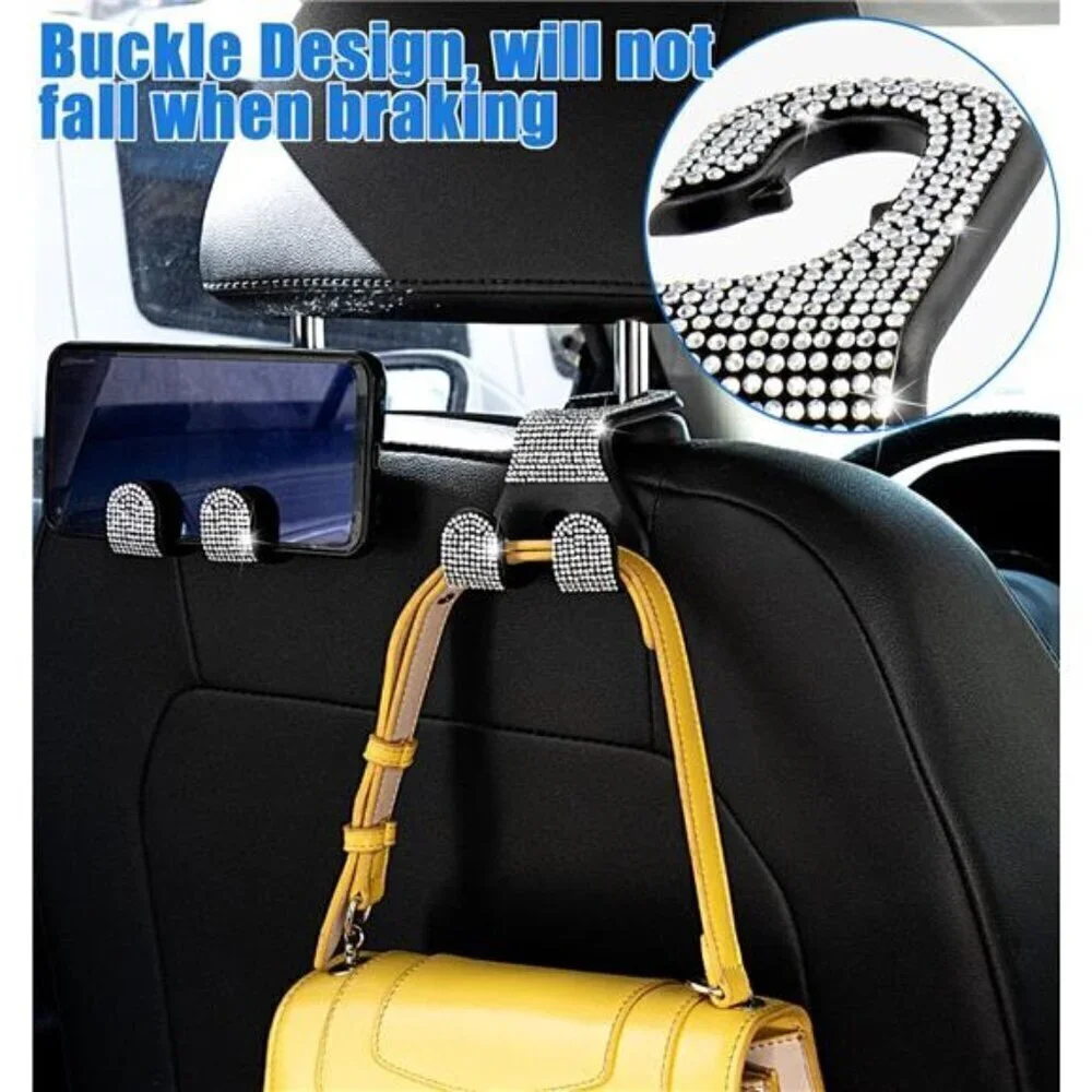 Bling Car Seat Hooks (2 Pack) Bling Rhinestone Crystal Hanger 2-Hooks Per Hanger